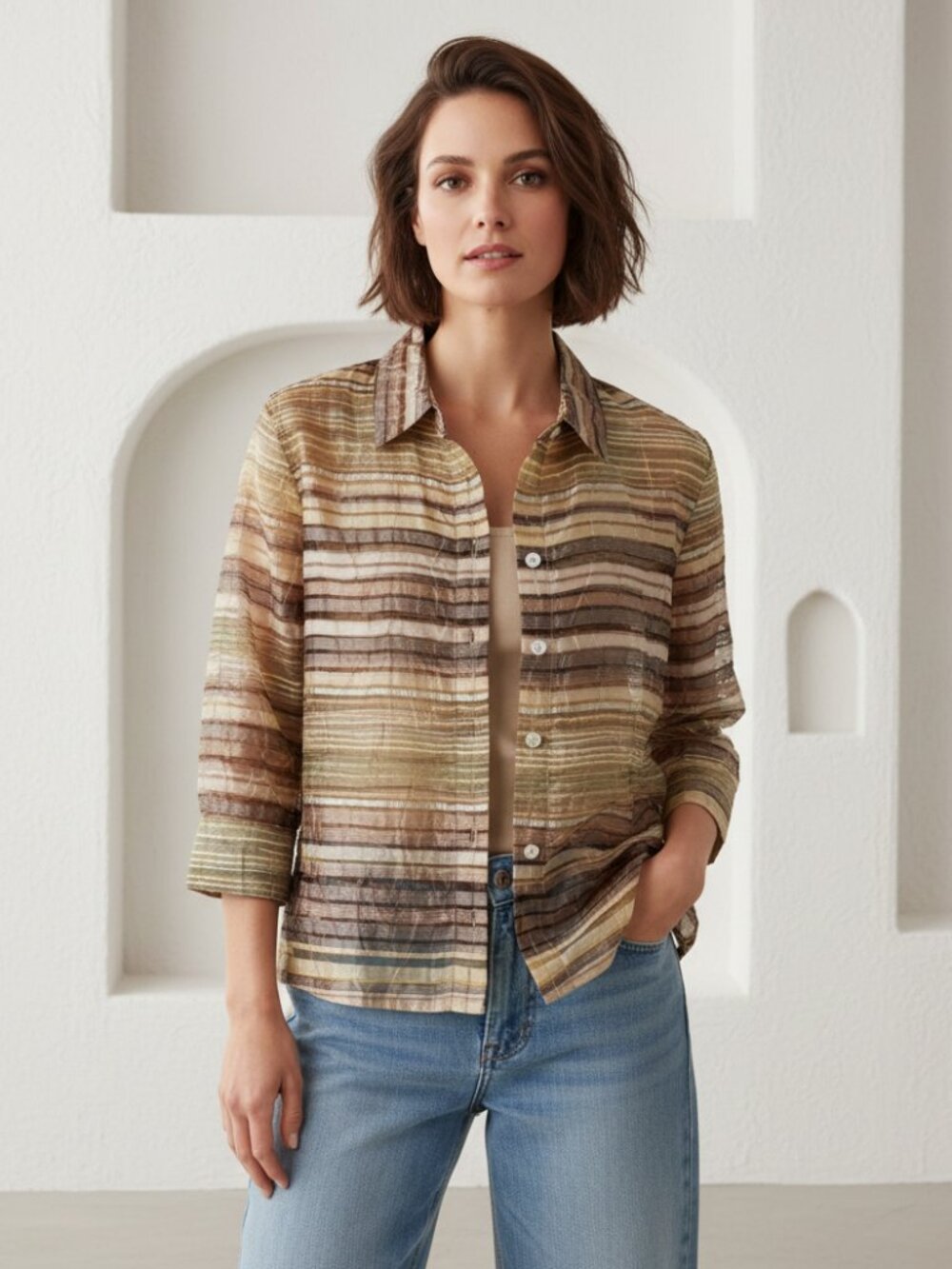 West End MP Top Brown Beige Yellow 3/4 Sleeve Sheer Button Petite Earthy Office